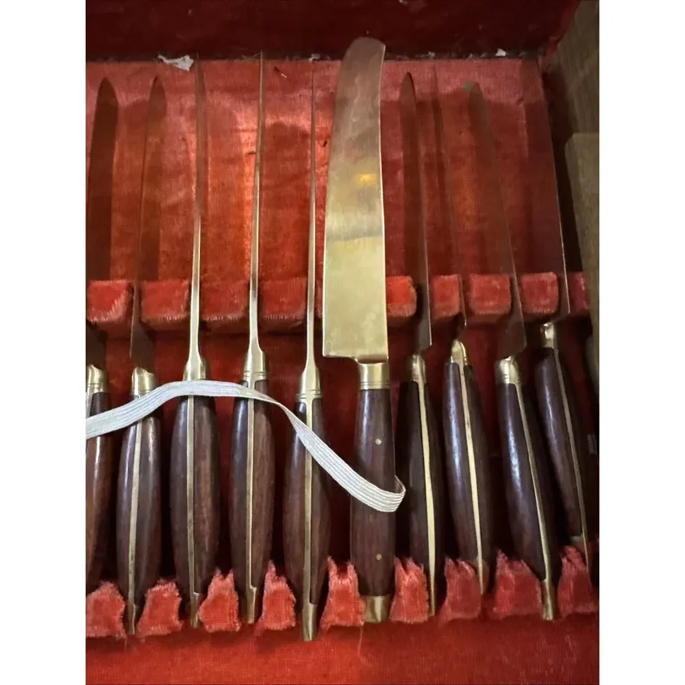 Vintage Thai Brass and Rosewood Flatware Set In Box - Svc for Twelve 142 PC READ